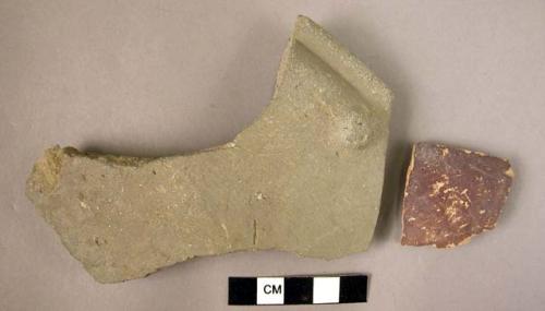 Ceramic rim and body sherds, 1 burnished ware with lug, 1 brown slipped