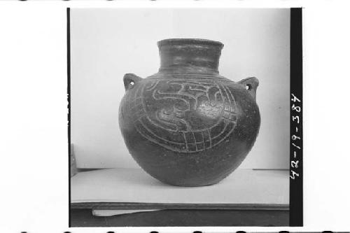 Plumbate standard jar, incised medallions, handles.