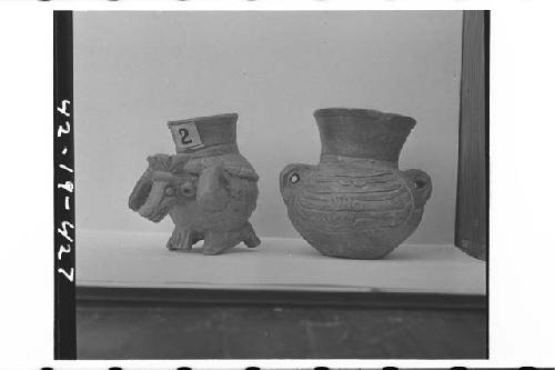 Plumbate miniature animal effigy and miniture standard jar, incised medallion