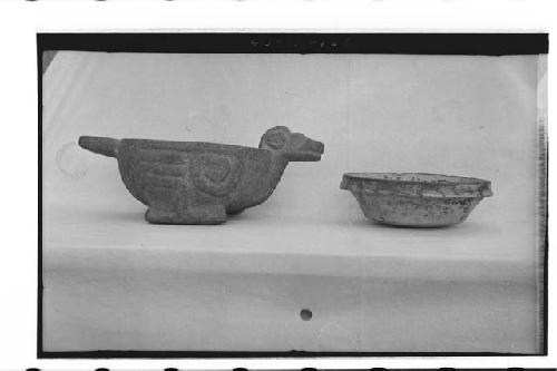 Carved stone incensario + white ware (pottery) vessel in Barrientos Coll.