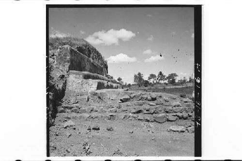 NE exterior corner of platform, showing N adobe and mortar and E (later period)