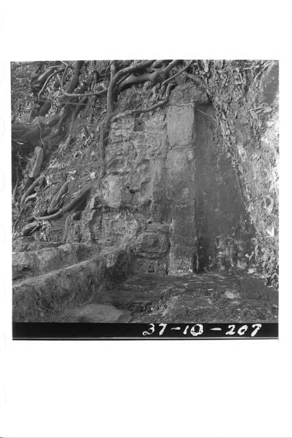 Mask on wall of Structure 1 at the south end of the court.