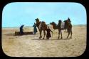 Lantern slide of camel caravan at watering trough in desert, hand-colored
