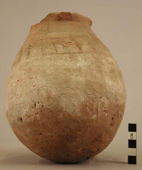 Jar, pottery, inscribed wavy line decoration