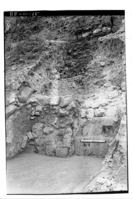 Lower Terrace wall on north side of Structure A-XVIII showing late veneer wall a