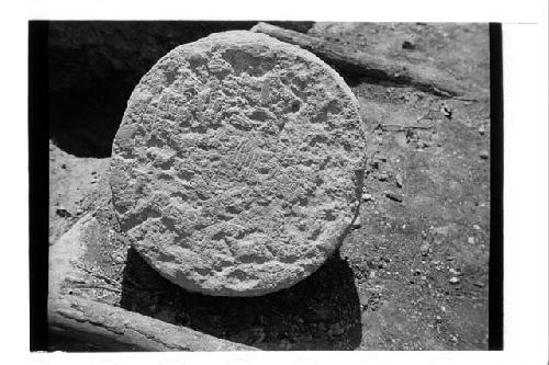 Sculpture: Ballcourt No. II, North original marker after removal.