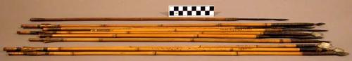 Arrows, reed shaft, ovate metal points, sinew binding, hide fletching, incised