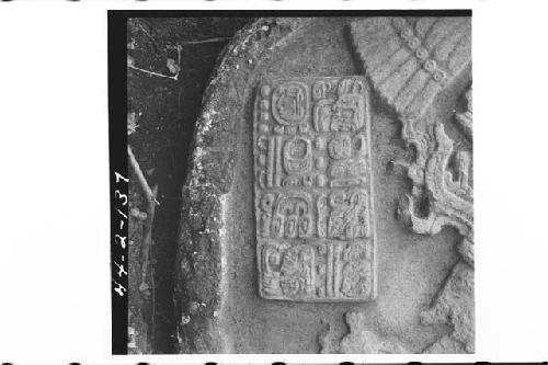 Front detail of glylph panel of Stela 9