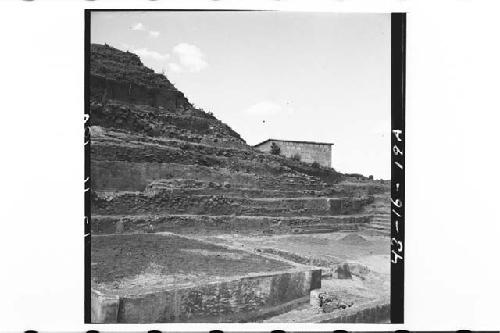 Panorama of northwest portions of central mound and plaza constuction from about