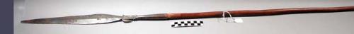 Wooden spear with long narrow lanceolate-shaped iron point