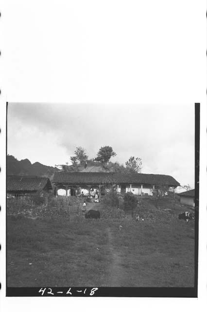 Exterior view of white-washed adobe house