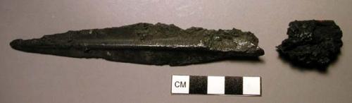 Metal, arms, spear point fragments, leaf-shaped blade, midrib, fragment of shaft