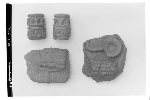 2 cylindrical stamps A1-270, A1-242, Moulded sherds A1-4 A-2-, A1-4-7 x 8 cm