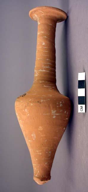 Spindle-necked flat rimmed pottery vessel