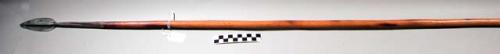 Spear - wooden shaft, iron head; blunt iron point fitted over opposite end ("ich