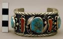 Cuff bracelet, oxidized silver band w/ floral motifs & set coral & turq. stones