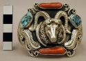 Cuff bracelet, inlaid coral and turq. w/ silver ram's head in center