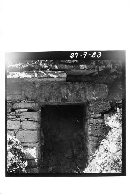 Central doorway of Structure 10; masonry, stone lintel, and medial molding