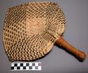 Fan, woven vegetable fiber, 3 points, buff and gray, braided fiber wrapped handl