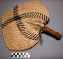 Fan, woven vegetable fiber, 3 points, buff and gray, braided cord wrapped handle