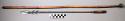 Spear, broken, ovate barbed metal blade, long stem, reed shaft, metal disc end