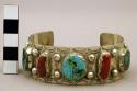 Cuff bracelet, solid silver band w/ stamped designs, inlaid stones