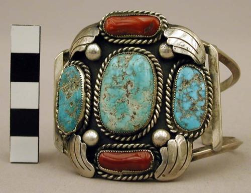 Cuff bracelet, silver band set w/ coral & turq. stones in twisted wire settings