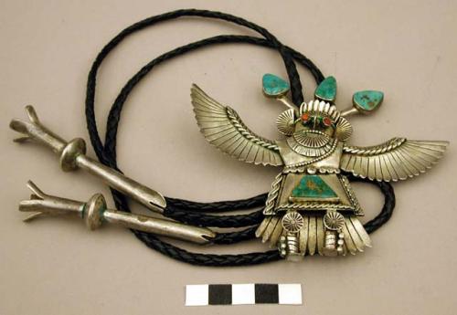 Bolo, silver thunderbird katsina with extended wings, inlaid stones