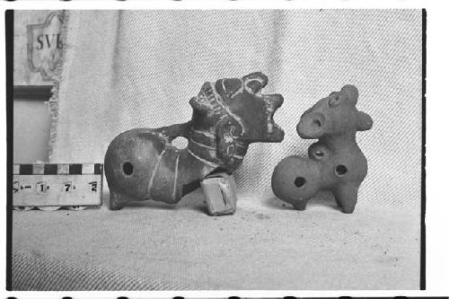 Two Animal Effgy Ocarinas; Each with Four Holes