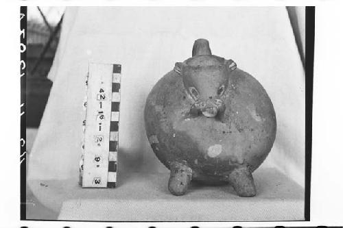 Pisote-effigy pottery jar, loop handle at reverse of neck. Light brown slip.