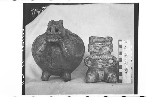 Two Nicoya Polychrome Objects; Left: Animal Effigy Jar; Right: Figurine