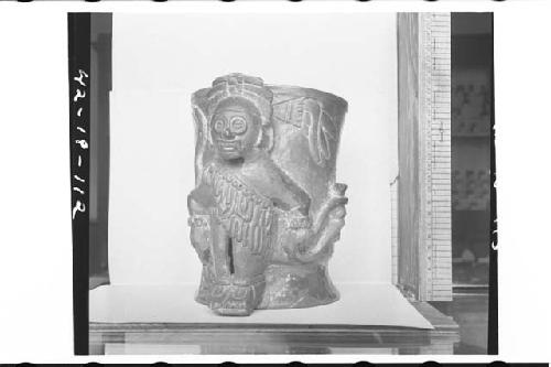 Plumbate entire figure, Tlaloc figure appliqued on cyl.; max. ht. 17.7cm., max.