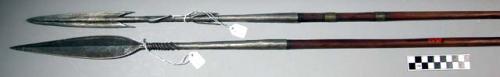Spear, wood shaft w/ metal bands, long ovate point, wood shaft, metal end