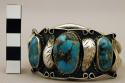 Cuff bracelet, silver band dec. w/ silver leaves and turquoise stones