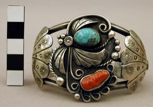 Cuff bracelet, stamped & applied floral motifs, set w/ turquoise & coral