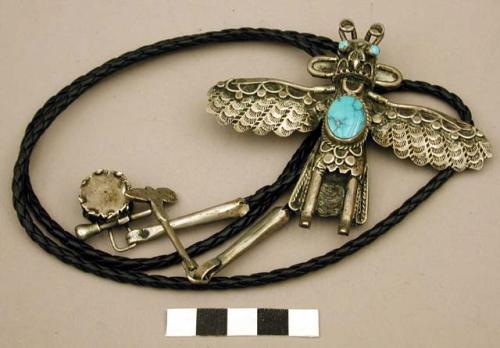 Bolo, winged silver katsina set with 3 turquoise stones