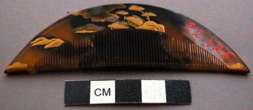 Comb, crescent shape, tortoise shell, painted gold with landscape scene