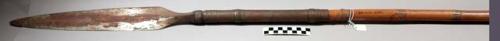 Assegai (spear) - bamboo, iron and brass; point 16 1/2", shaft 66 1/2"