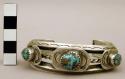 Cuff bracelet, narrow open silver band, stamped, set w/ 3 turquoise stones