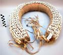 Belt, fiber tube covered with cowrie shells, leather tassels with 2 blue beads a