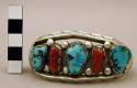 Cuff bracelet, silver stamped band set with coral and turquoise stones