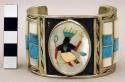 Cuff bracelet, silver band w/ inlaid katsina & inlaid stone & shell squares