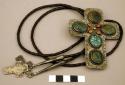 Bolo, silver cross set with 4 turquoise stones, 4 small coral stones