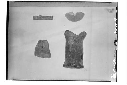 Top row--"incense burner" and fragment of whistle Acropolis period.  Bottom row-