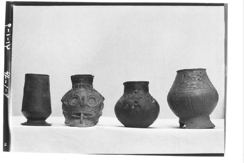 Pottery vessels (4)  Left to rt. 1,2,3-Plumbate.  4-Fine ware, app. untemp. flus