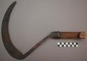 Sickle - short wooden handle, sharply angled iron blade; made by +