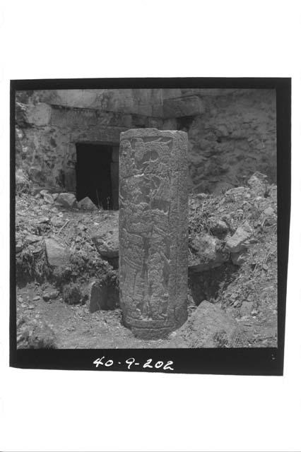 Glyphic Band bldg.  W. sculp. column in SE. room, left (E.) 1/4.