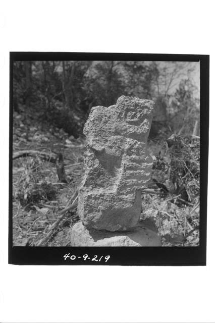 Stone figure, left side, hilltop milpa.