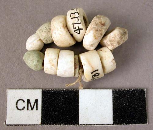 Beads, 10 natrolite, 3 faience