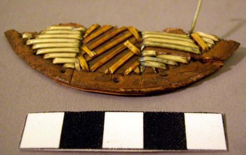 Lid fragment, birch bark partial disk with dyed quillwork